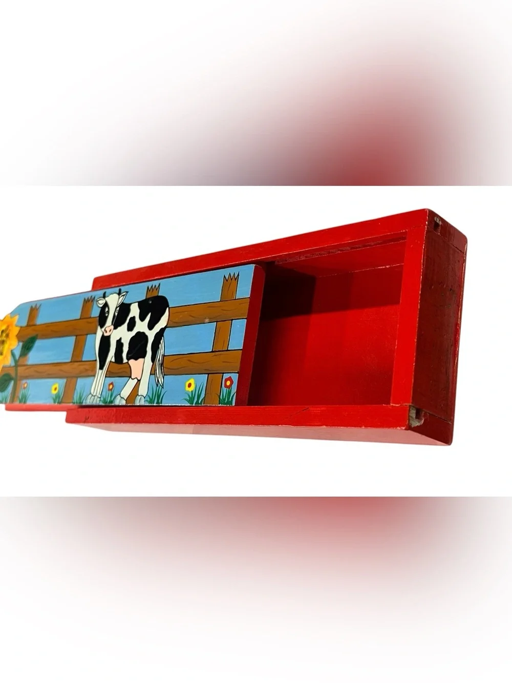 Vintage Hand Painted Cow Farmhouse Wooden Sliding Lid Storage Box Decor